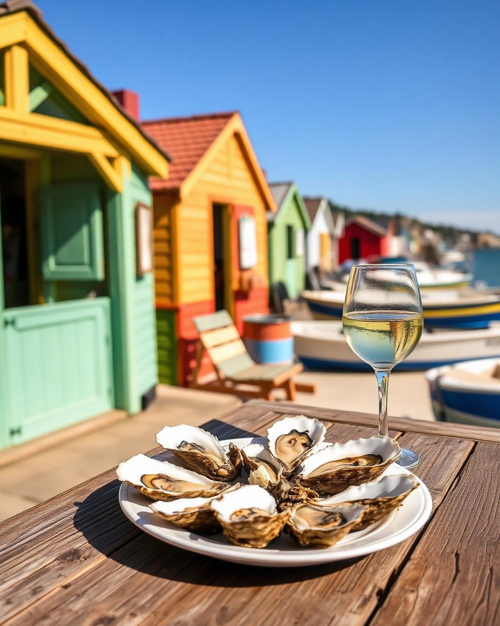 Cabanes ostréicoles colorées et assiette d'huîtres face au bassin